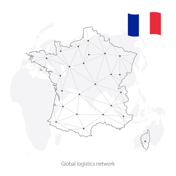 Maailmanlaajuinen logistiikkaverkosto. Viestintäverkko kartta Ranska maailman tausta. Ranskan kartta, jossa solmut monikulmio tyyli ja lippu. Vektorikuvaus EPS10
.  - Vektori, kuva