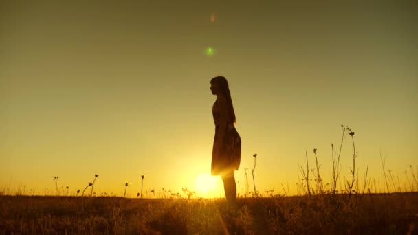 Ελεύθερη και χαρούμενη κοπέλα με μακριά μαλλιά άλματα στο ηλιοβασίλεμα από το χρυσαφένιο ήλιο. Αργή κίνηση. - Πλάνα, βίντεο