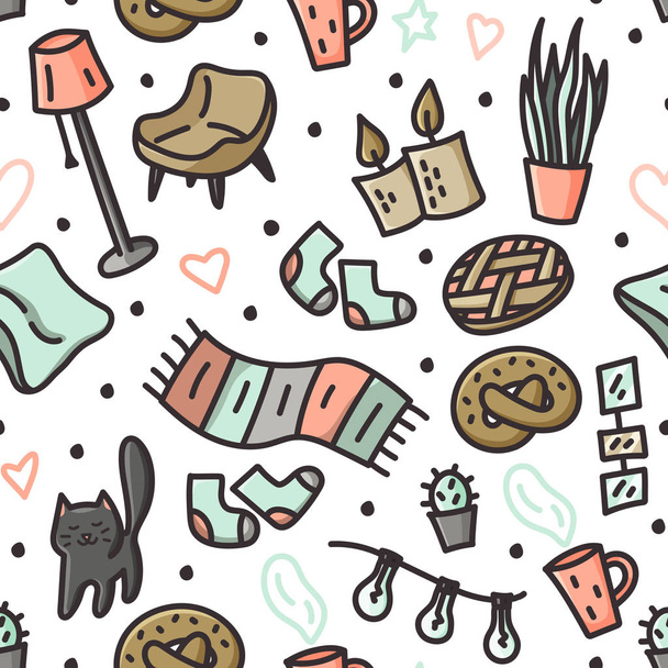 Cozy home doodle seamless pattern with cat, plants, pictures, cup of coffee. - Vektor, Bild