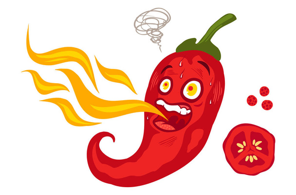 Vector illustration of a spicy chilli pepper with flame. Cartoon red chili for mexican food. - Vektor, kép
