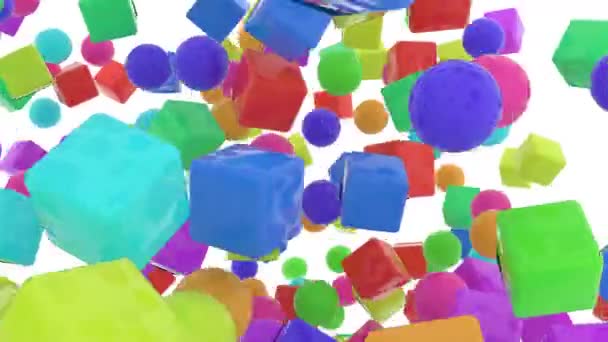 Coloridas formas de rebote, esferas y cajas flotan o vuelan alrededor. Bueno para la introducción de vídeo, título o fondo de texto, transiciones de material de archivo. Animación 3D renderizada
.  - Metraje, vídeo