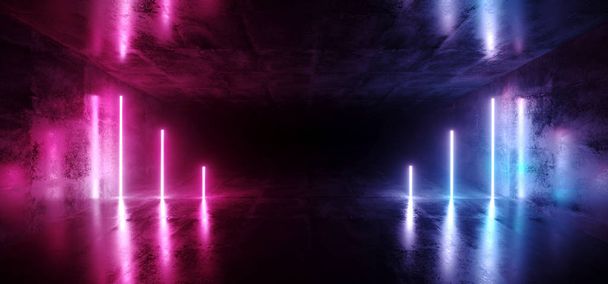Sci-Fi футуристичний абстрактний градієнт синій фіолетовий рожевий неоновий світиться труби на відображенні бетонної підлоги темна внутрішня кімната порожній космічний корабель 3D рендеринг ілюстрація
 - Фото, зображення