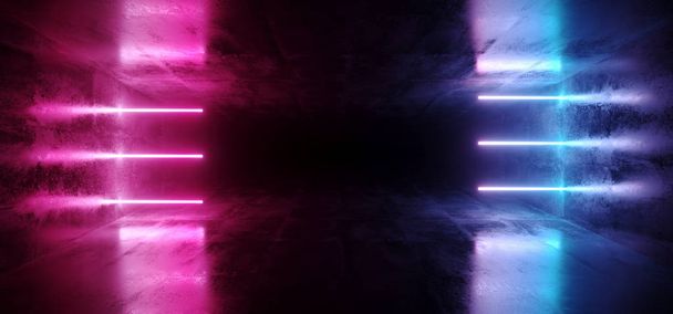 Sci-Fi futuristische abstracte kleurovergang blauw paars roze gloeiende neonbuizen op reflectie betonvloer donkere interieur kamer lege ruimte ruimteschip 3d Rendering illustratie - Foto, afbeelding