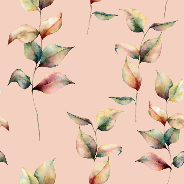 Watercolor autumn seamless pattern on pink background. Hand painted leaves and branch isolated on pastel colors background. Botanical illustration for design, background and fabric. Fall print. - 写真・画像