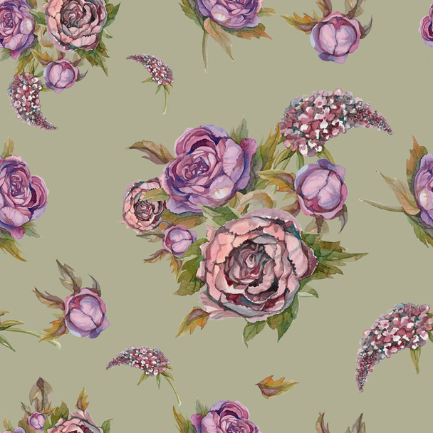 Floral seamless pattern. Watercolor flowers. Roses, peonies, lilacs. Vintage bouquets of flowers. Wedding bouquet. Pastel color. Green background Watercolor illustration - Photo, Image