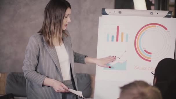Attractive European female leader encouraging and inspiring office workers pointing at sales growth diagram on flipchart - Footage, Video