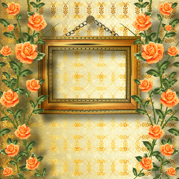 Old wooden frame for photo with garland of painting rose - Foto, immagini