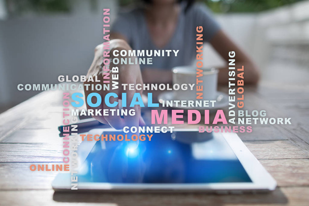 Social media network and marketing. Business, technology concept. Words cloud on virtual screen.  - Fotó, kép