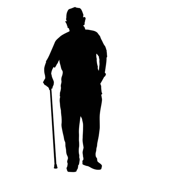 Old man silhouette with stick on white background, vector illustration - Vector, Image