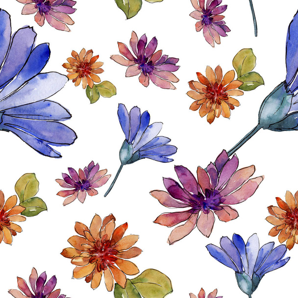 Watercolor colorful african daisy flower. Floral botanical flower. Seamless background pattern. Fabric wallpaper print texture. Aquarelle wildflower for background, texture, wrapper patternr. - Foto, immagini
