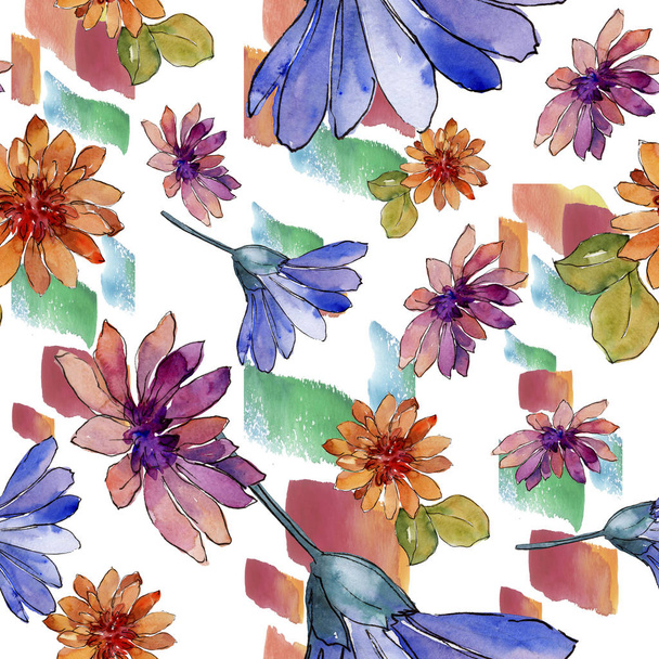 水彩のカラフルなアフリカ デイジーの花。花植物の花。シームレスな背景パターン。壁紙印刷手触りの生地。背景、テクスチャ、ラッパー patternr aquarelle ワイルドフラワー. - 写真・画像