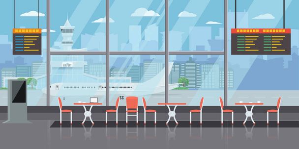 Fondo de sala en el aeropuerto con mesas de café vacías y sillas. Ilustración vectorial de diseño de estilo de color sólido y plano
. - Vector, Imagen
