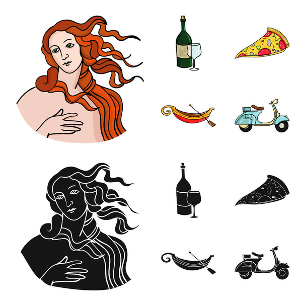 Una botella de vino, un pedazo de pizza, una gundola, un scooter. Italia conjunto de iconos de colección en dibujos animados, negro estilo vector símbolo stock ilustración web
. - Vector, Imagen
