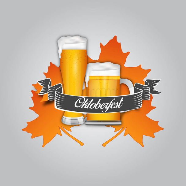 Oktoberfest poster, wallpaper, banner and greeting card vector illustration with beer glass and bottle. - Wektor, obraz