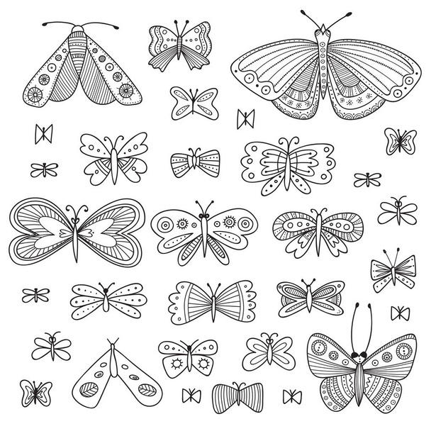 Vector set of butterflies in ethnic Boho style with ornaments. Can be used as coloring page, template, scrapbooking, your design, etc. - ベクター画像