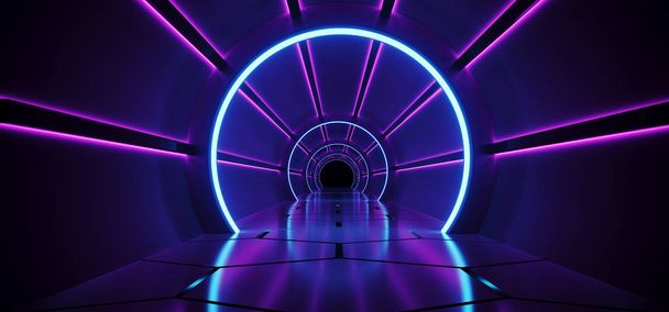 Sci-Fi Futuristic Abstract Gradient Blue Purple Pink Neon Glowing Circle Round Corridor On Reflection Concrete Floor Dark Interior Room Empty Space Spaceship Technology Concept 3D Rendering illustration - Photo, Image