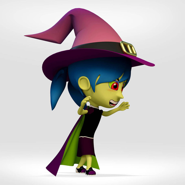 Halloween, chica vestida como una bruja asustando 3d ilustración de dibujos animados
 - Foto, Imagen