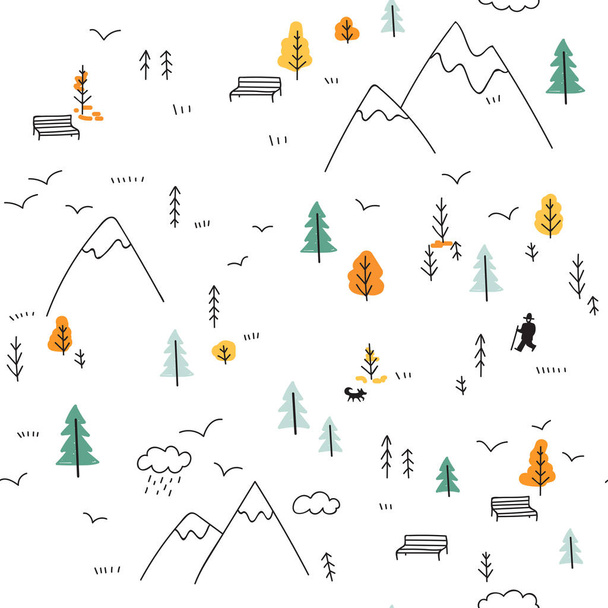Vector minimal seamless pattern with wild forest life in mountains and man with dog, birds. Can be printed and used as wrapping paper, wallpaper, textile, fabric, etc.  - Wektor, obraz