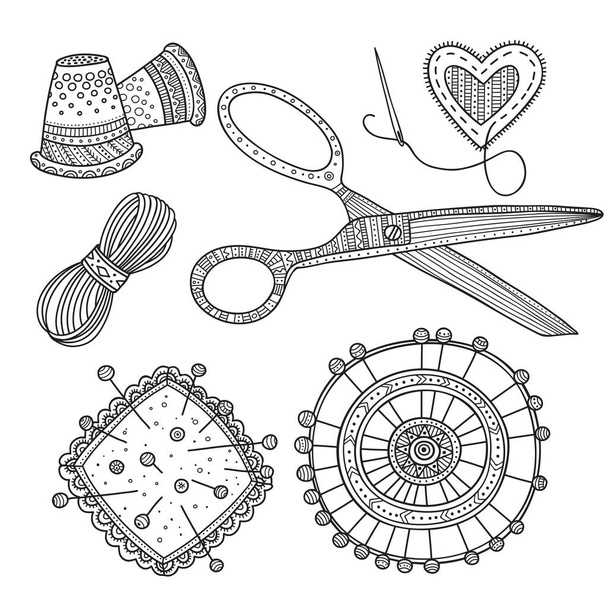 Vectorillustratie van naaien, naaien tools. Kan worden gebruikt als een sticker pictogram, logo, ontwerpsjablonen, Kleurplaat pagina. - Vector, afbeelding