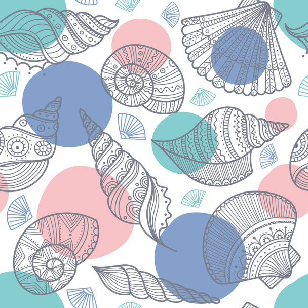 Vector seamless pattern with shells in ethnic boho style with ornaments. Can be printed and used as wrapping paper, wallpaper, textile, fabric, etc. - Διάνυσμα, εικόνα