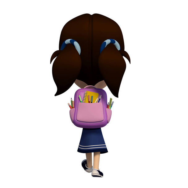 student girl with backpack walking. 3d cartoon illustration - Photo, Image