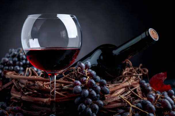 Garrafa e copo de vinho tinto com uvas
. - Foto, Imagem