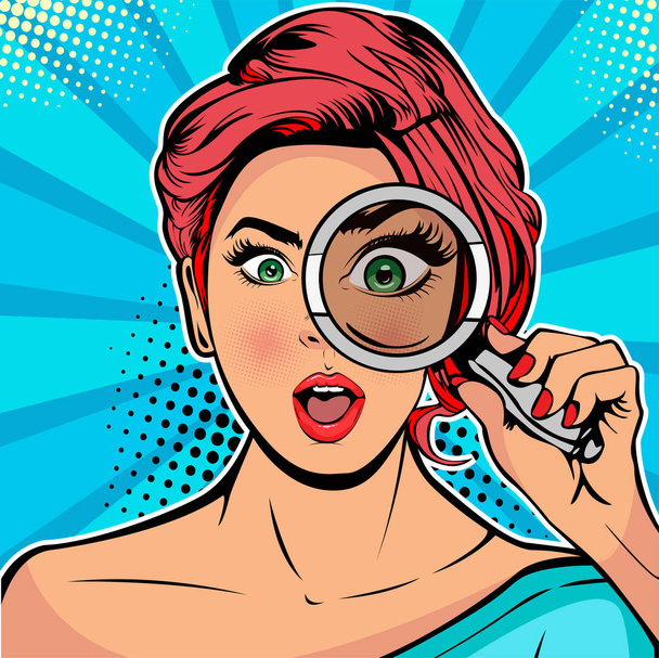 The woman is a detective looking through magnifying glass search. Vector illustration in pop art retro comics style - Vector, Image
