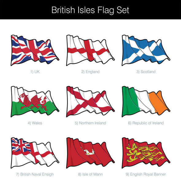 Isole britanniche con bandiera sventolata. Il set include le bandiere di Regno Unito, Inghilterra, Scozia, Galles, Irlanda del Nord, Repubblica d'Irlanda, Marina britannica, Isola di Mann e il Royal Banner. Icone vettoriali
 - Vettoriali, immagini