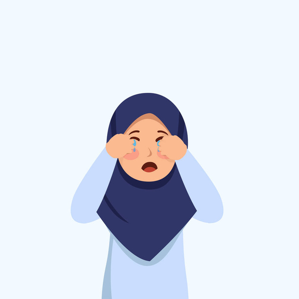 Little Hijab Girl Cry Expression Potrait Cartoon Illustration Vector - Vector, Image