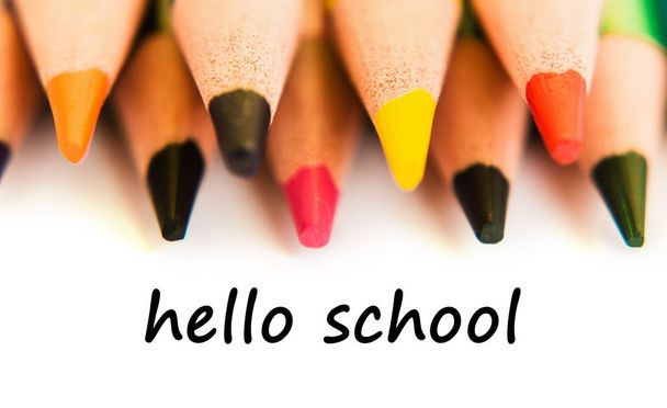 Color pencils isolated on white background. Close up. View from above. Text hello school. - Photo, Image