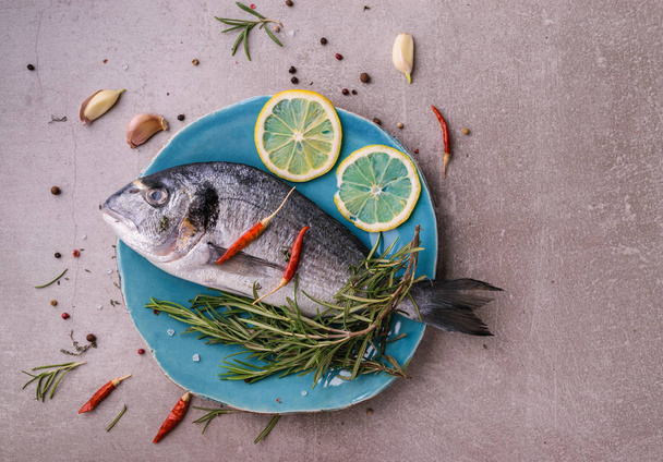 Fresh dorado fish. Dorado and cooking ingredients - rosemary, spices, lemon, garlic, thyme, herbs. Cooking concept. Blue plte on light stone background. top view, view from above. - Photo, image