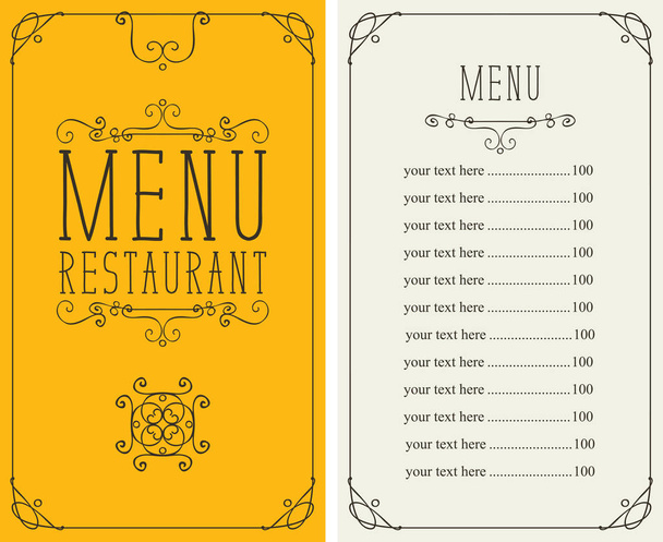 Vector menu for restaurant with curlicues and price list in figured frame in retro style - Vektor, Bild