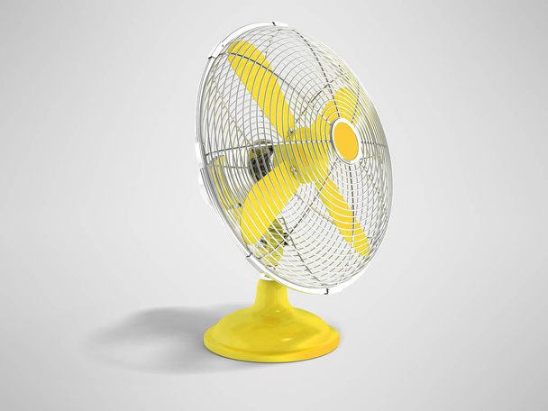 Moderno ventilador de metal amarillo para enfriamiento vista frontal de oficina 3d renderizado sobre fondo gris con sombra
 - Foto, imagen