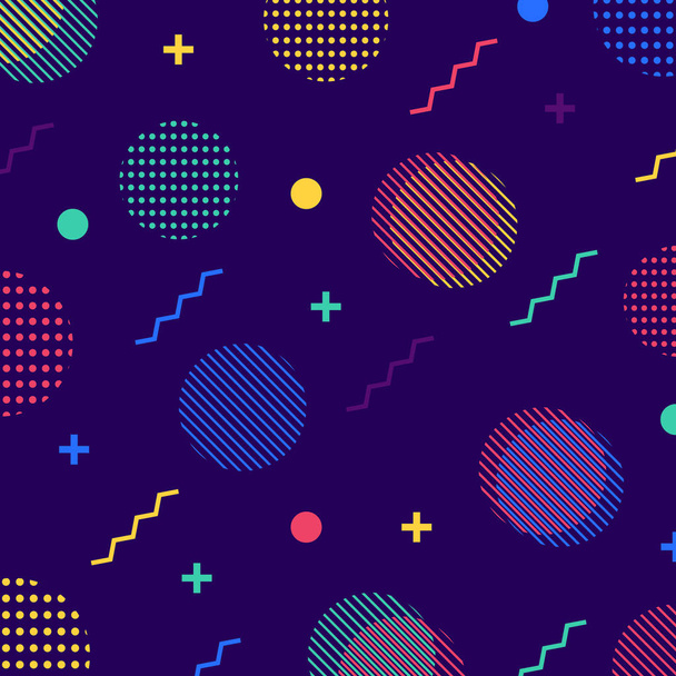 Abstract kleurrijk naadloos geometrisch patroon in retro 80s stijl. Cirkel, zigzag, gestippeld, lijnen memphis, pop art achtergrond. Vectorillustratie - Vector, afbeelding