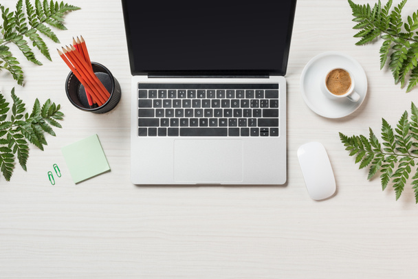 felülnézet munkahely laptop, a számítógépes egér, a kávé és a levélpapír páfrány levelek körül  - Fotó, kép