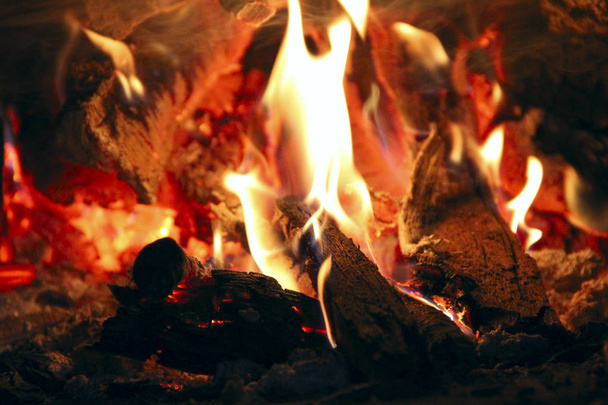 Flames in oven. Firewood burning in fireplace. Bright flames - Photo, Image