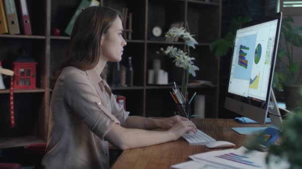Kobieta biznesu, pracując na komputerze w home office. Kobieta kobieta interesu koncentratu - Materiał filmowy, wideo