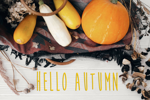 Hello őszi szöveg, szezon üdvözlő kártya fogalom. Üdvözöljük ősszel jele. Sütőtök, cukkini, fonott kosár, a fény-fehér fából készült asztal. Őszi betakarítás - Fotó, kép