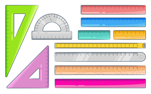 Set of colourful rulers. Art design measurement office supplies and school stationery. Vector illustration isolated on white. - Vector, Image