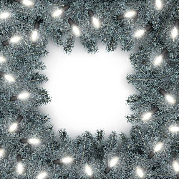 Vánoce a nový rok rám realistické větví vánoční stromek, věnec žárovka ve skandinávském stylu. Prvek pro slavnostní design izolovaných na bílém pozadí vektorové ilustrace - Vektor, obrázek