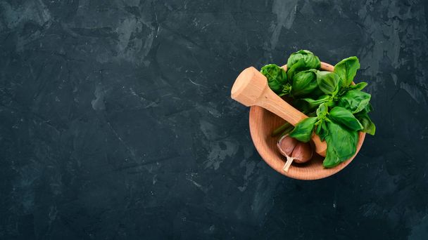 Fresh green basil. Top view. On the background. Free space for text. - 写真・画像