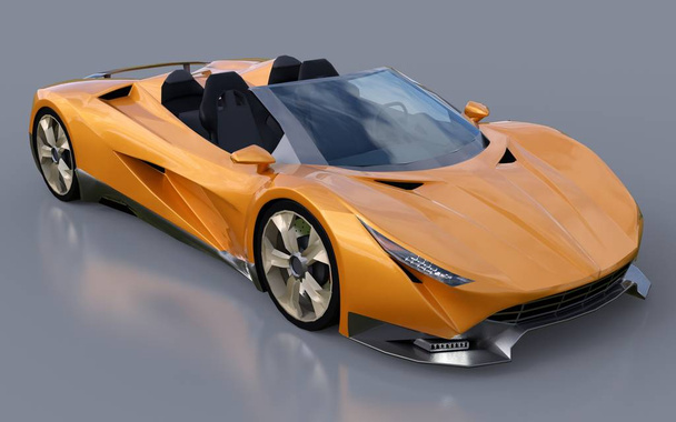 Orange koncepční sportovní kabriolet pro jízdy po městě a závodní trati na šedém pozadí. 3D vykreslování - Fotografie, Obrázek