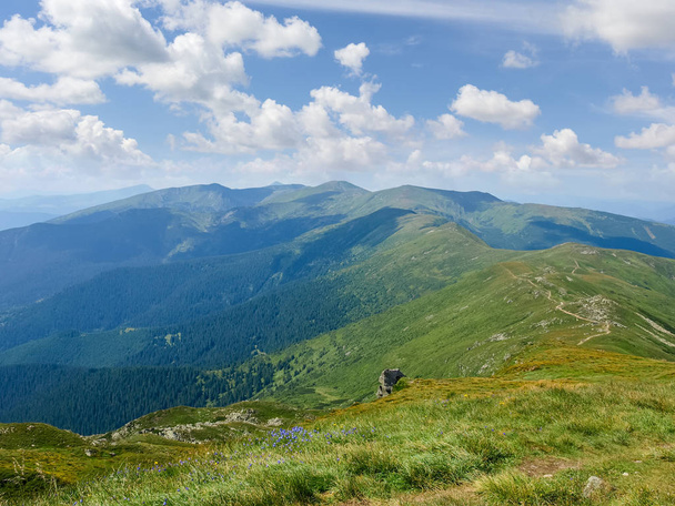 Mountain range Chornohora with its spurs in the Carpathian Mountains in summer. View from the top of mount Pip Ivan, Ukraine - Fotó, kép
