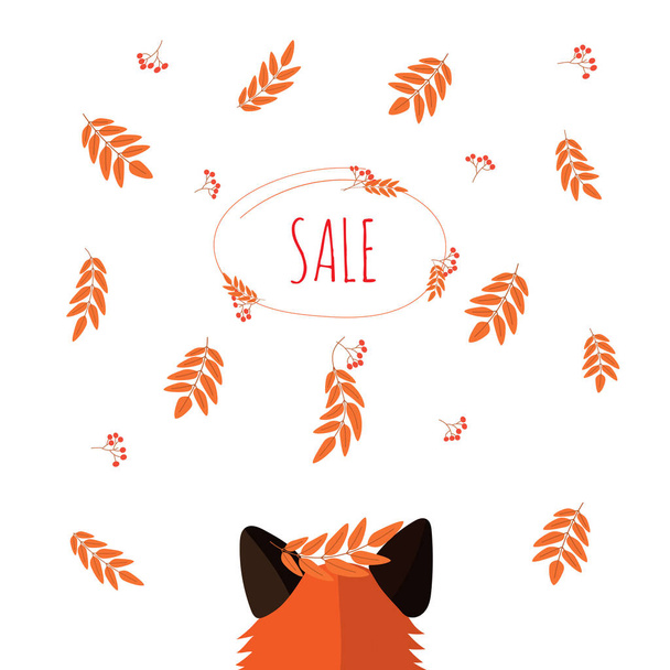 red Fox looks at falling berries and leaves of mountain ash. leaf fall in the forest. text sale. - Vettoriali, immagini
