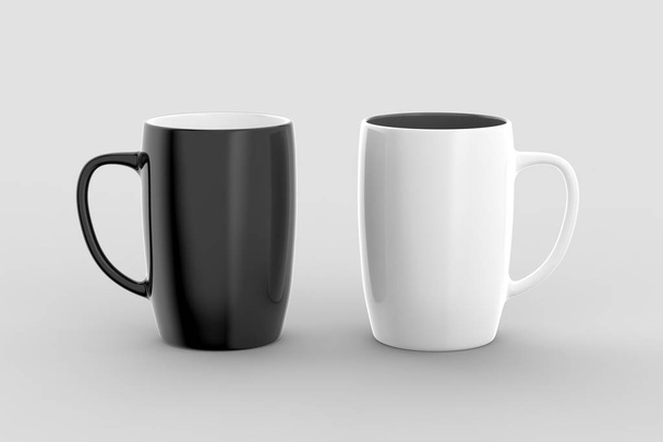 Black and white mug mock ups isolated on light gray background. 3D illustration. - Фото, зображення