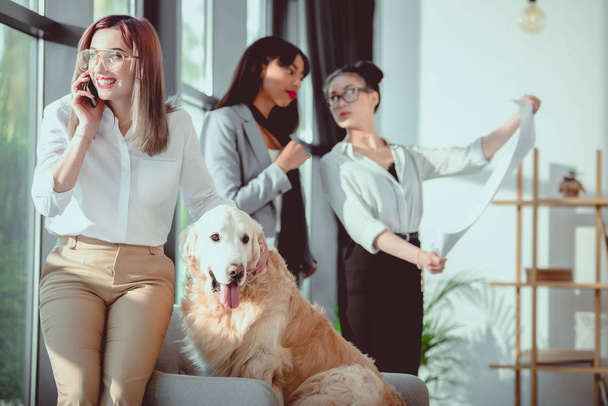 businesswoman talking on smartphone while petting dog during work at office - Fotoğraf, Görsel