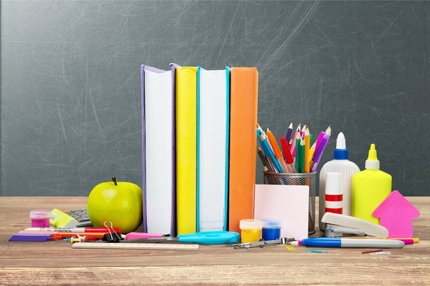 School stationery composition on blank background - Photo, Image