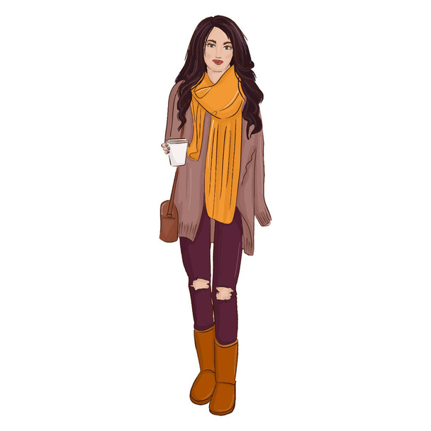 Vector fashion illustration. Autumn style poster with glamour woman in boots, jeans, sweater sketch. Glamour Model print. Trendy character decoration - Vektor, kép
