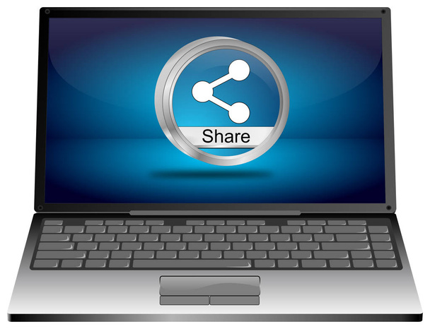 Laptop computer with blue Share Button on blue desktop - 3D illustration - Photo, Image