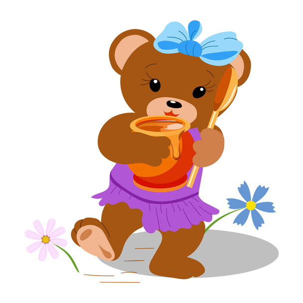 Toy bear with a pot of honey in his paws. Cartoon character. - Vector, Image